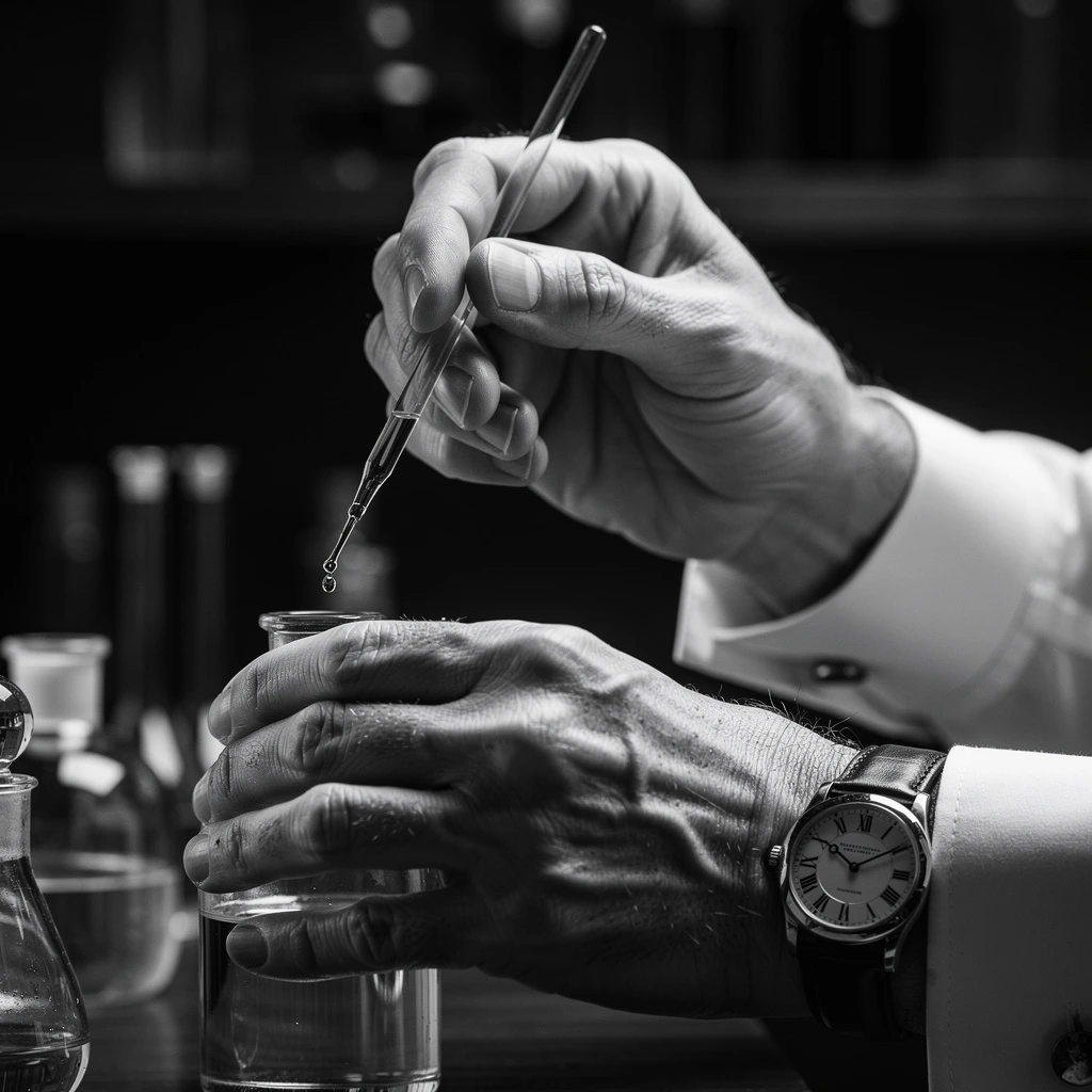 Master perfumer with a luxury timepiece meticulously extracting essential oils in a laboratory